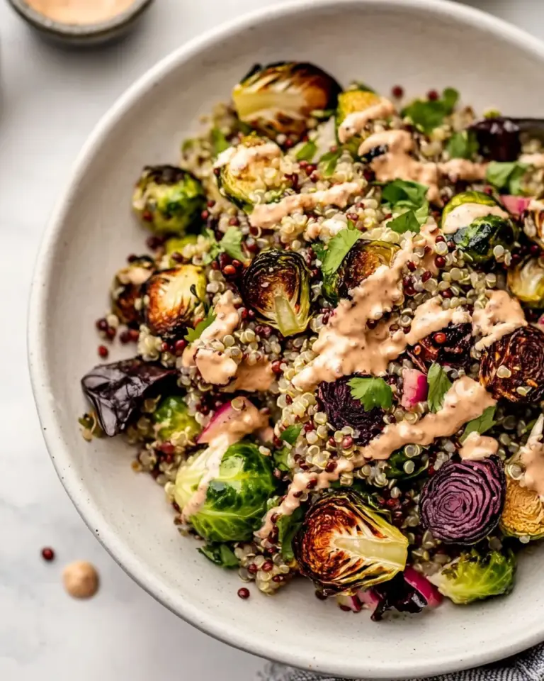 Homemade Roasted Brussels Sprouts, Quinoa & Lentil Salad with Spicy Caesar Dressing recipe photo