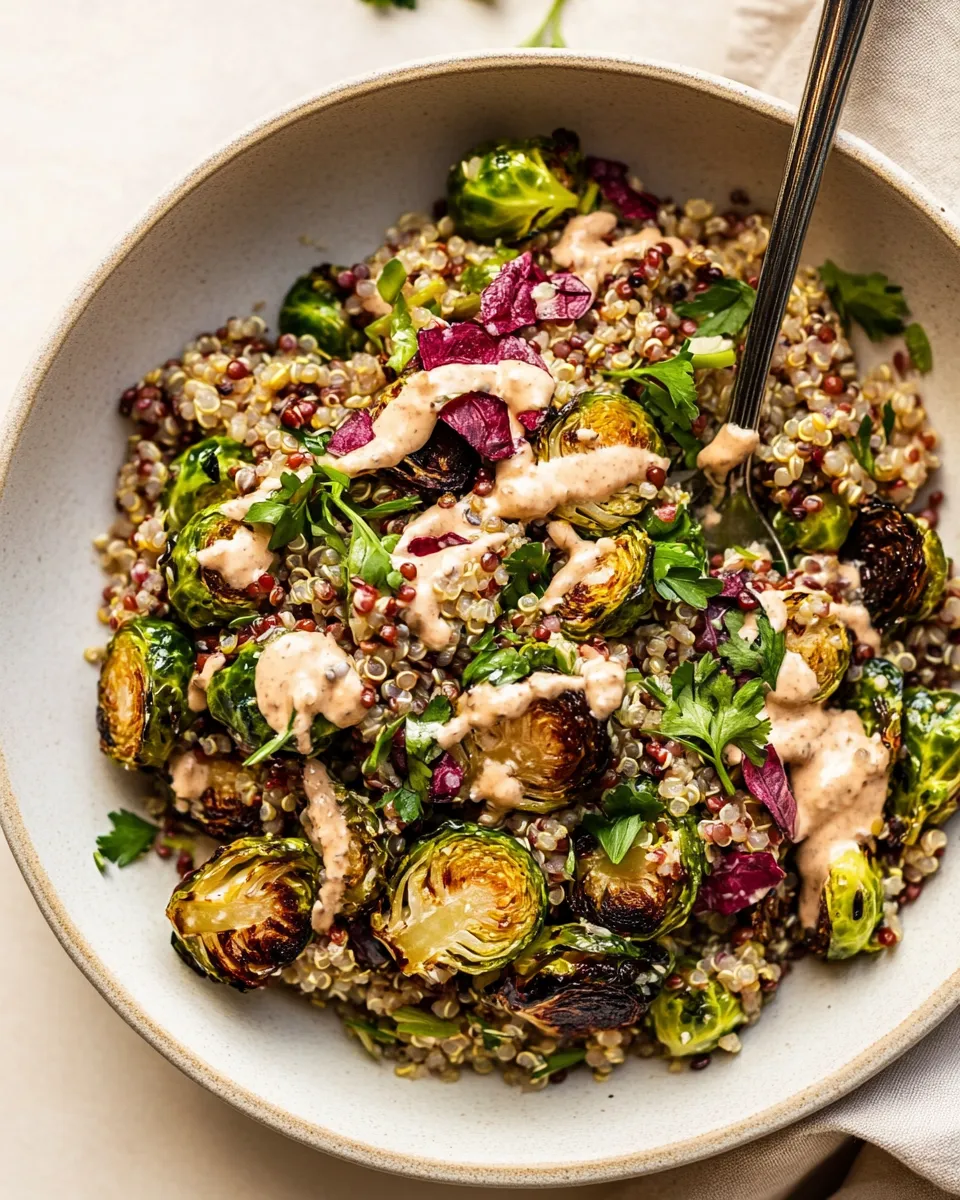 Classic Roasted Brussels Sprouts, Quinoa & Lentil Salad with Spicy Caesar Dressing dish photo