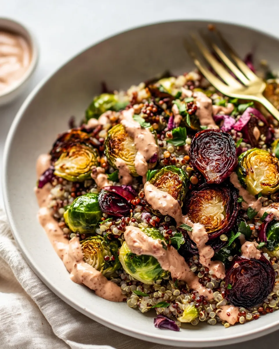 Easy Roasted Brussels Sprouts, Quinoa & Lentil Salad with Spicy Caesar Dressing food shot