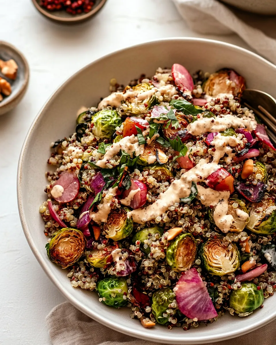 Delicious Roasted Brussels Sprouts, Quinoa & Lentil Salad with Spicy Caesar Dressing plate image