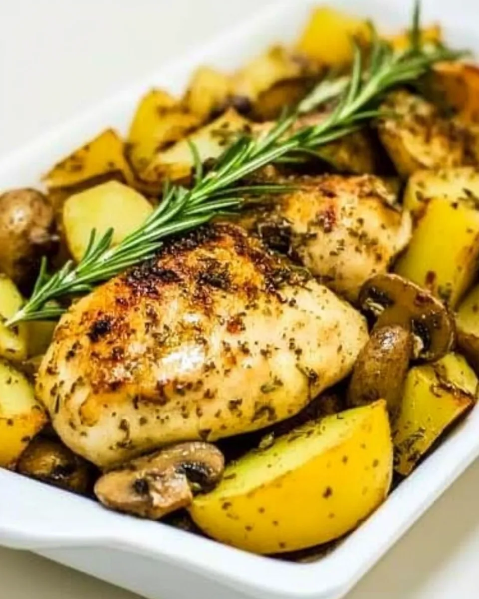 Easy Rosemary Lemon Chicken with Potatoes and Mushrooms food shot