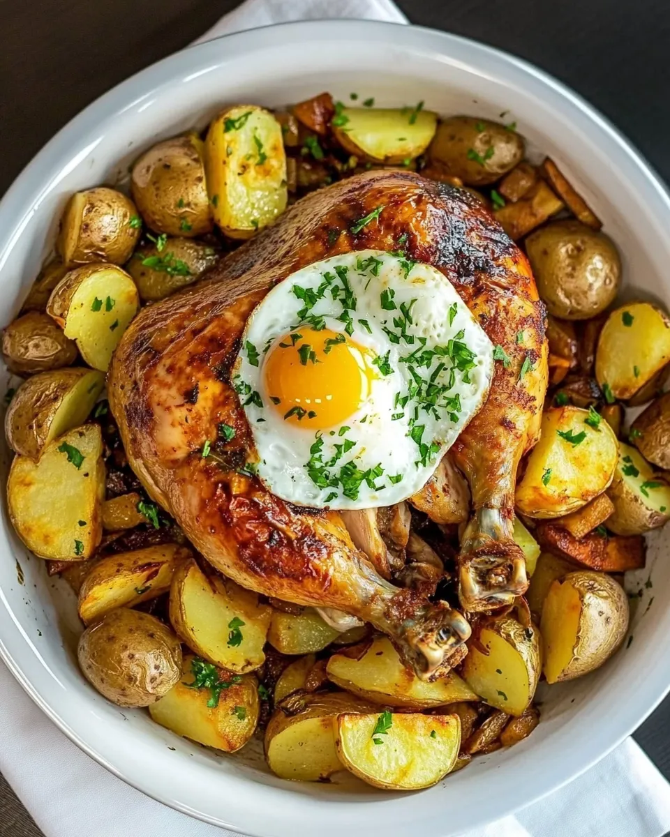 Delicious Rotisserie Chicken with Potatoes & Eggs shot