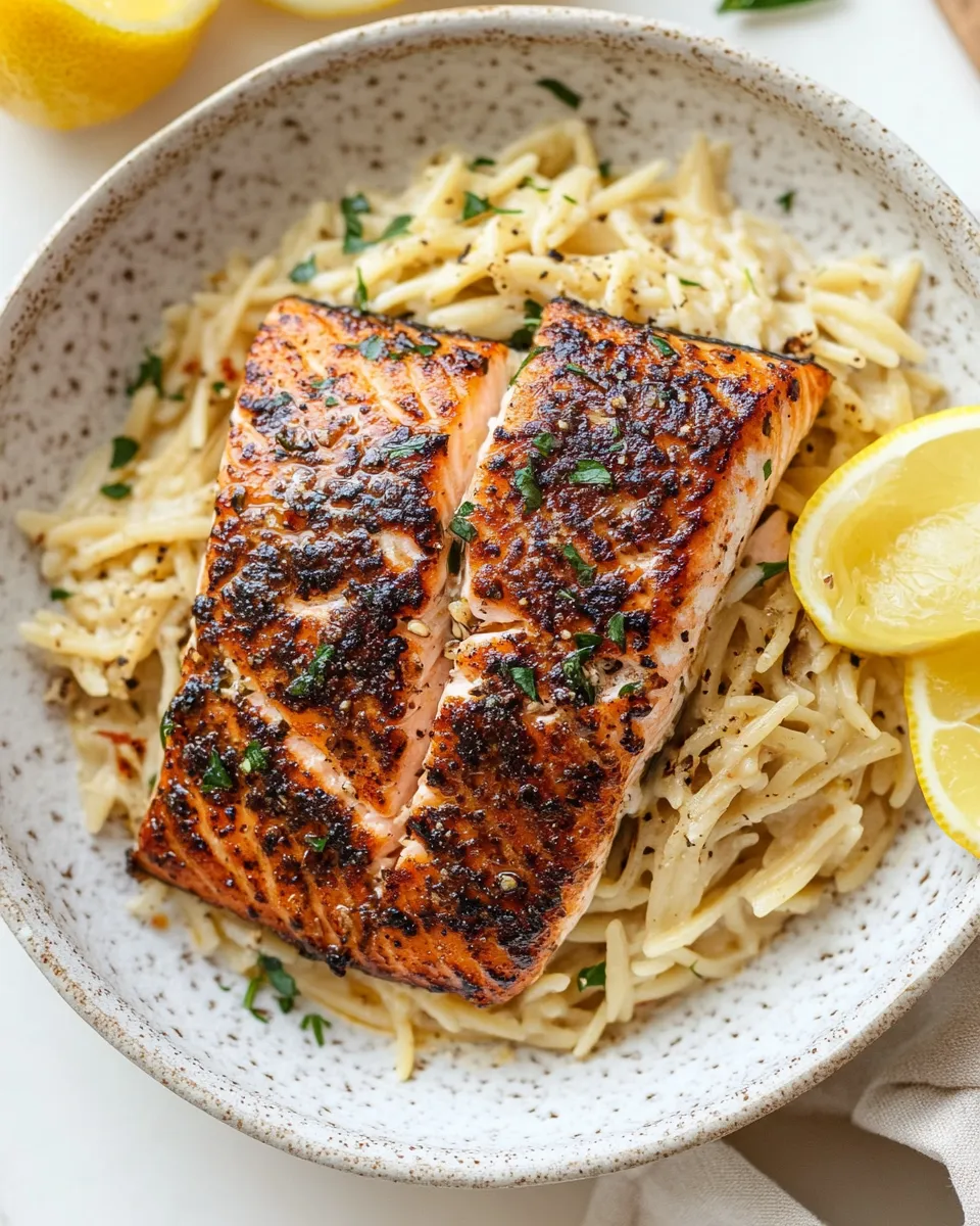Best Salmon Aglio e Olio with Lemon Parmesan Orzo. picture