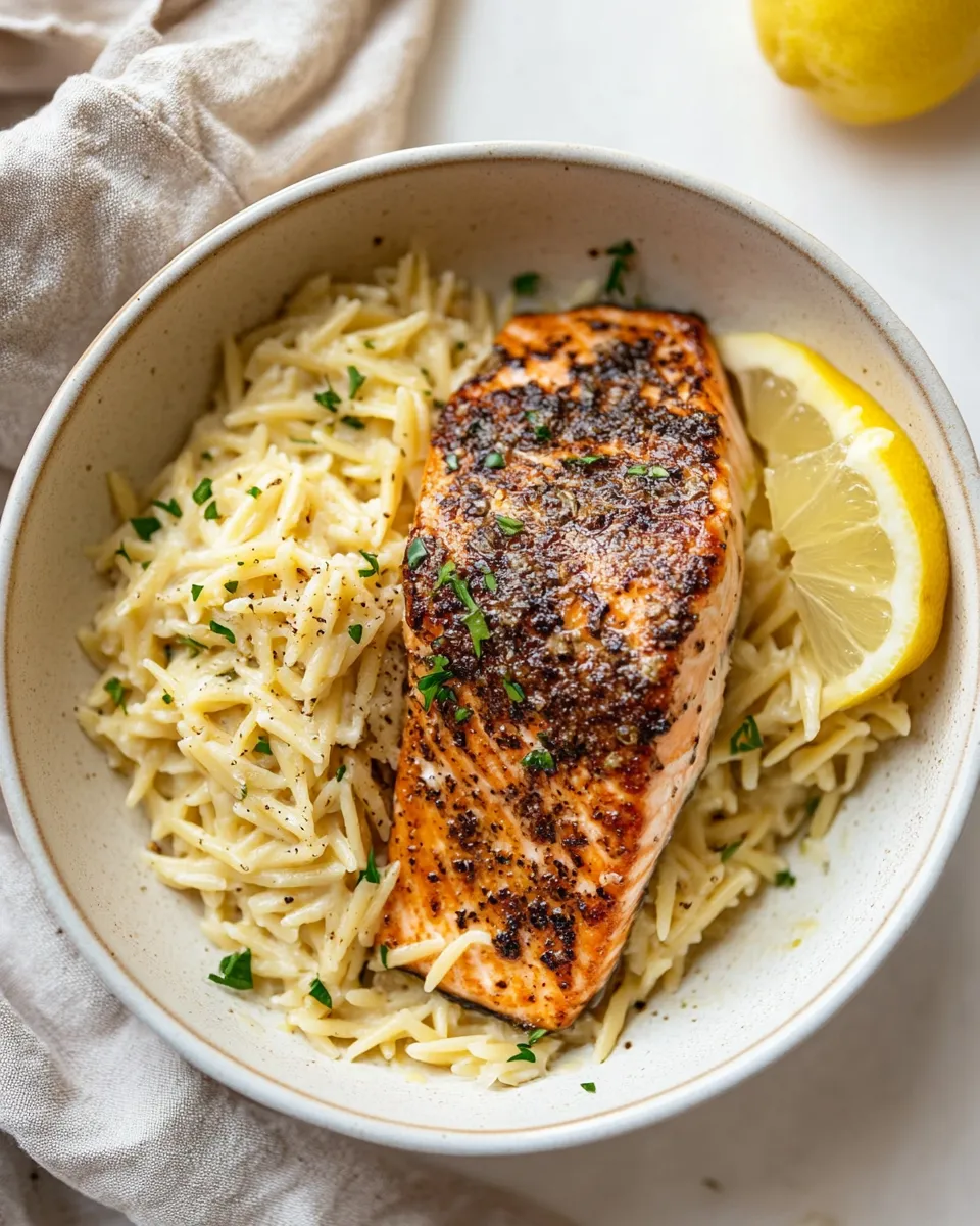 Homemade Salmon Aglio e Olio with Lemon Parmesan Orzo. recipe image