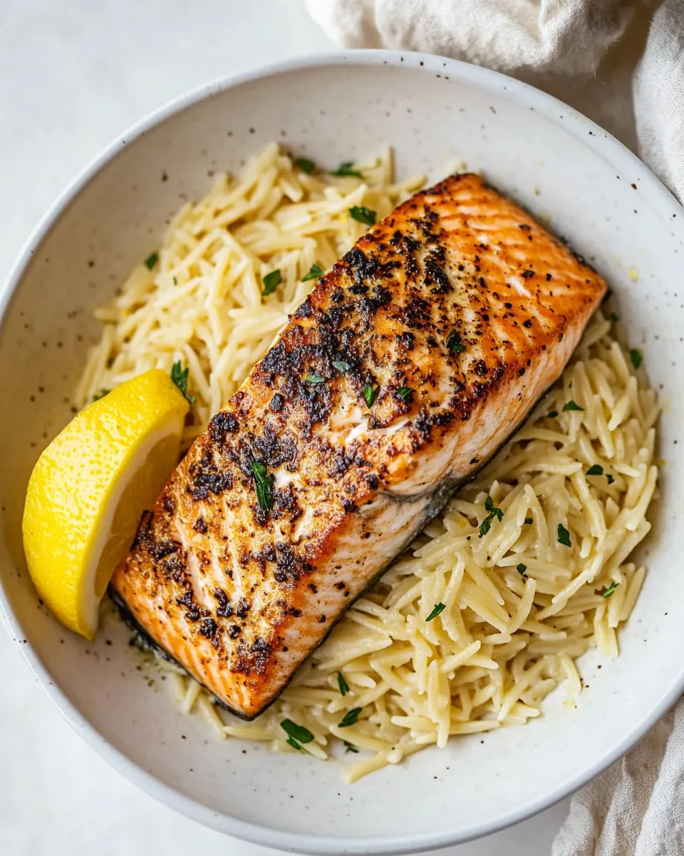 Perfect Salmon Aglio e Olio with Lemon Parmesan Orzo. image