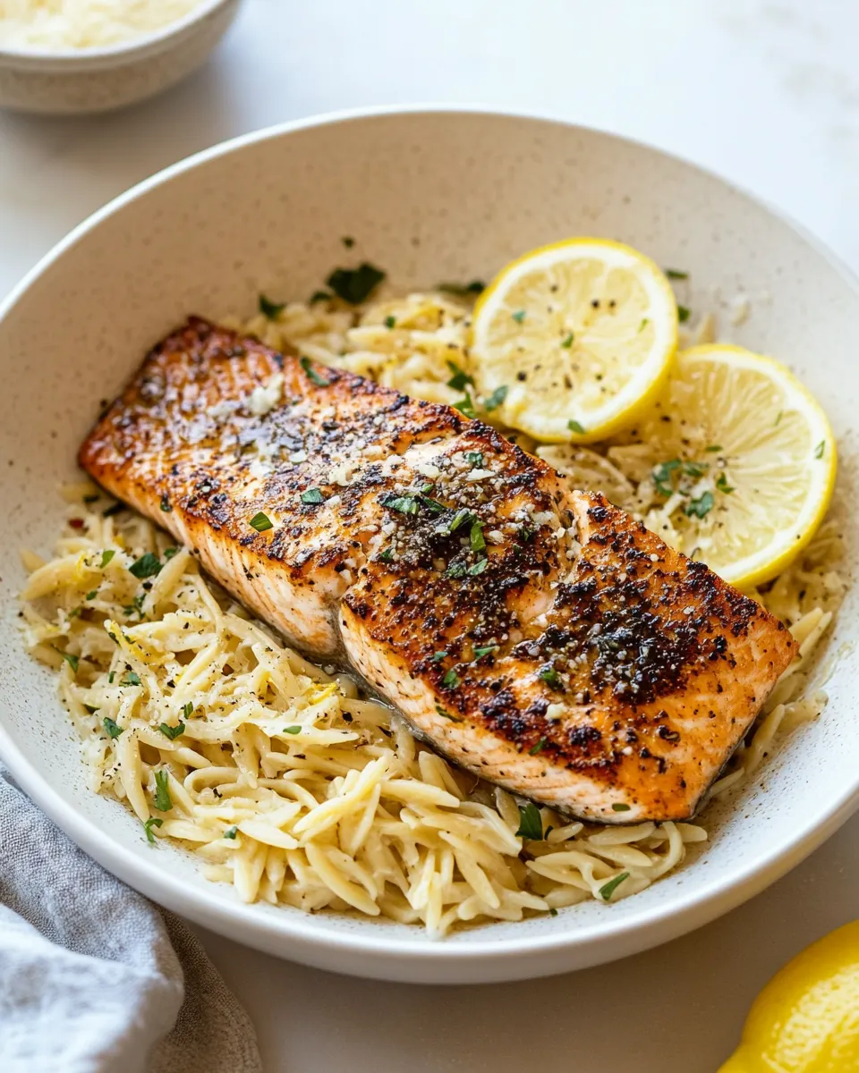 Sweet Salmon Aglio e Olio with Lemon Parmesan Orzo. recipe photo