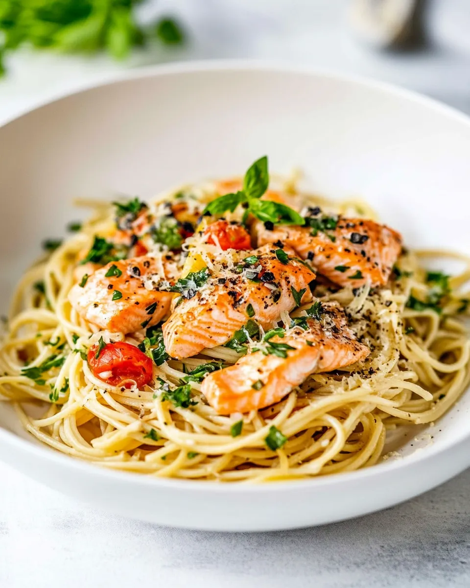 Delicious Salmon Spaghetti with Lemon Garlic Sauce shot