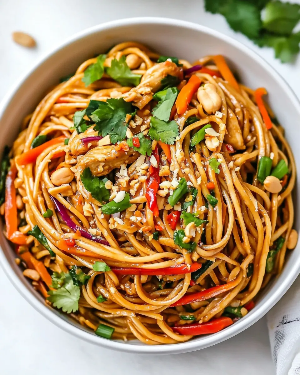 Delicious Saucy Peanut Noodles with Chicken food shot