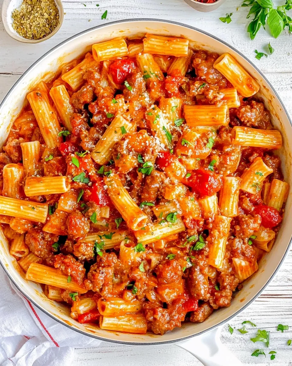 Quick Sausage Rigatoni Pasta Skillet shot