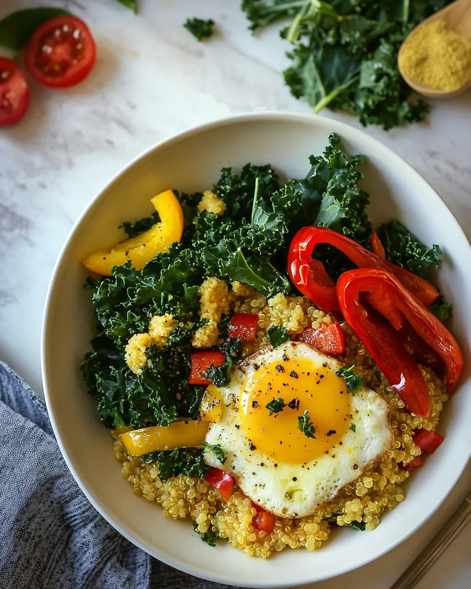 Easy Savory Quinoa Breakfast Bowls with Peppers and Kale food shot