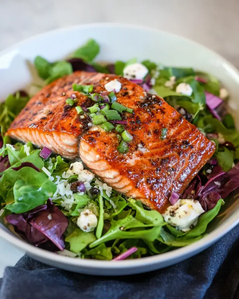 Delicious Seared Salmon over Mixed Greens photo