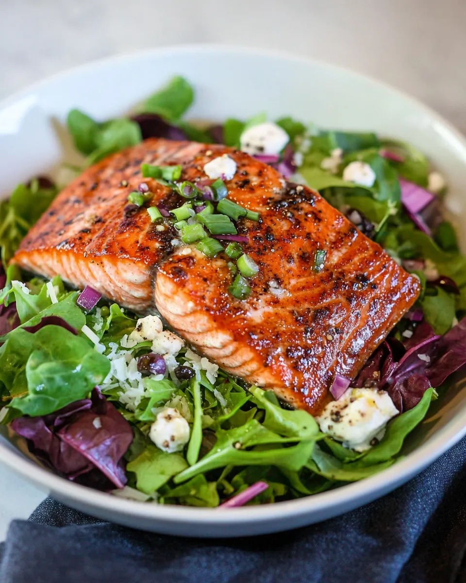 Delicious Seared Salmon over Mixed Greens photo