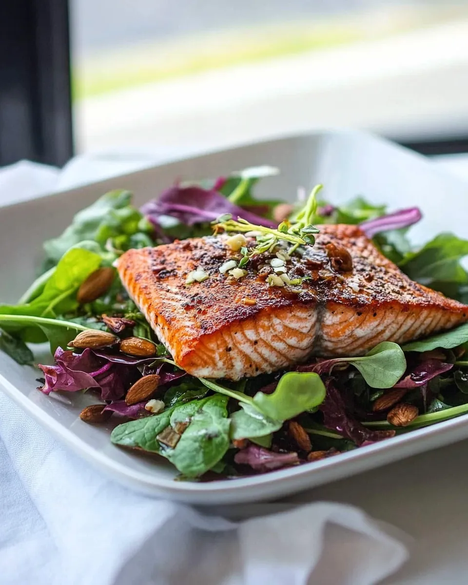 Healthy Seared Salmon over Mixed Greens recipe image