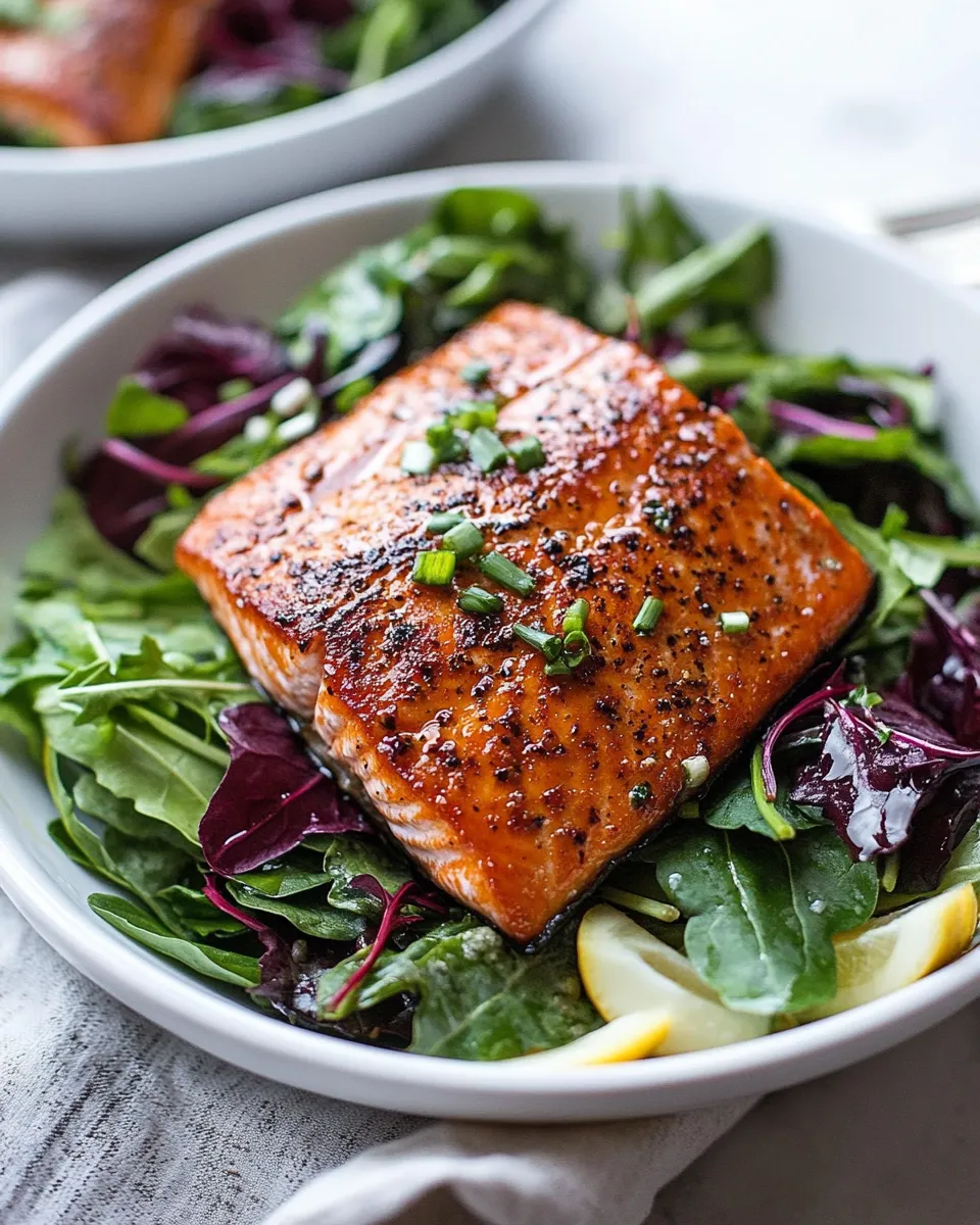 Classic Seared Salmon over Mixed Greens dish photo