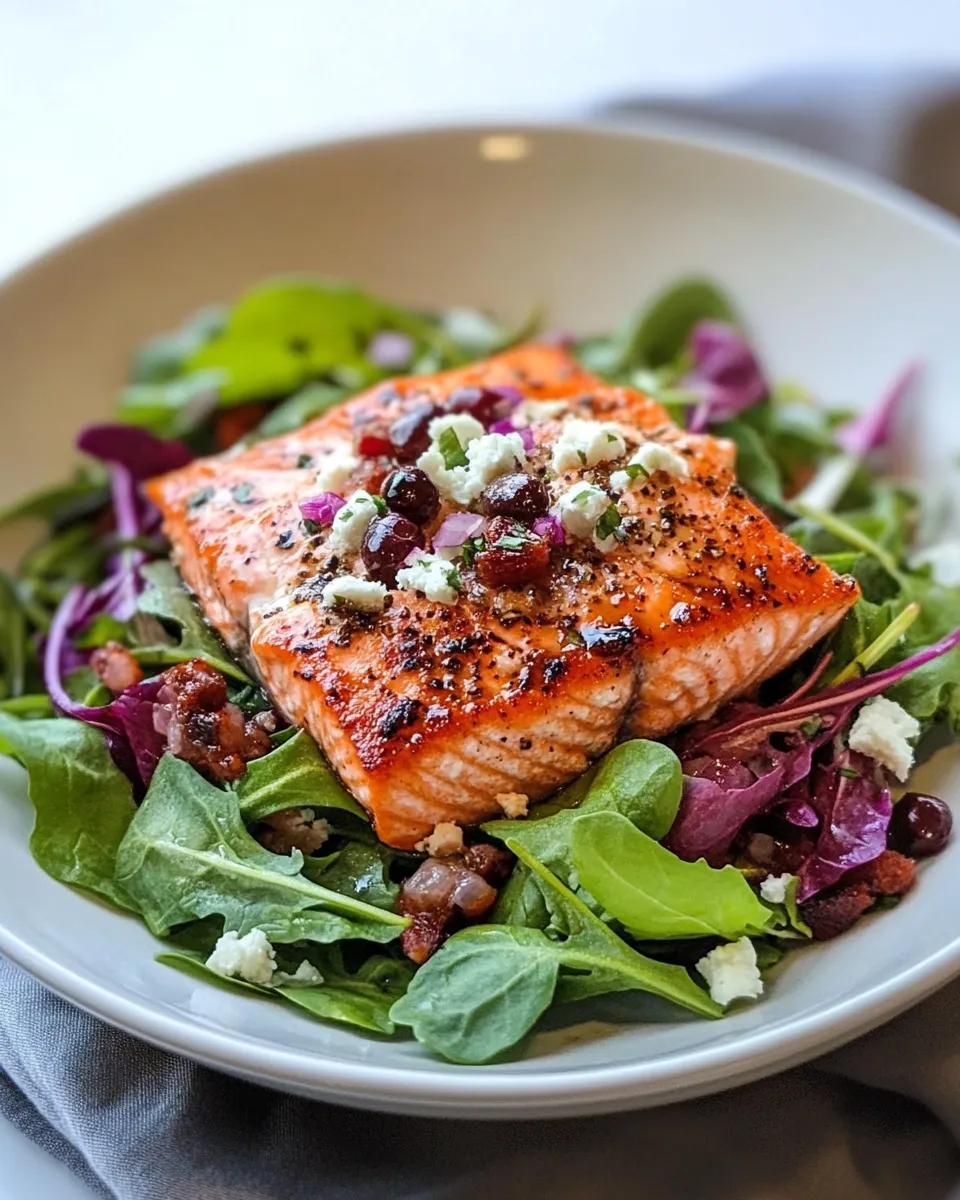 Quick Seared Salmon over Mixed Greens food shot