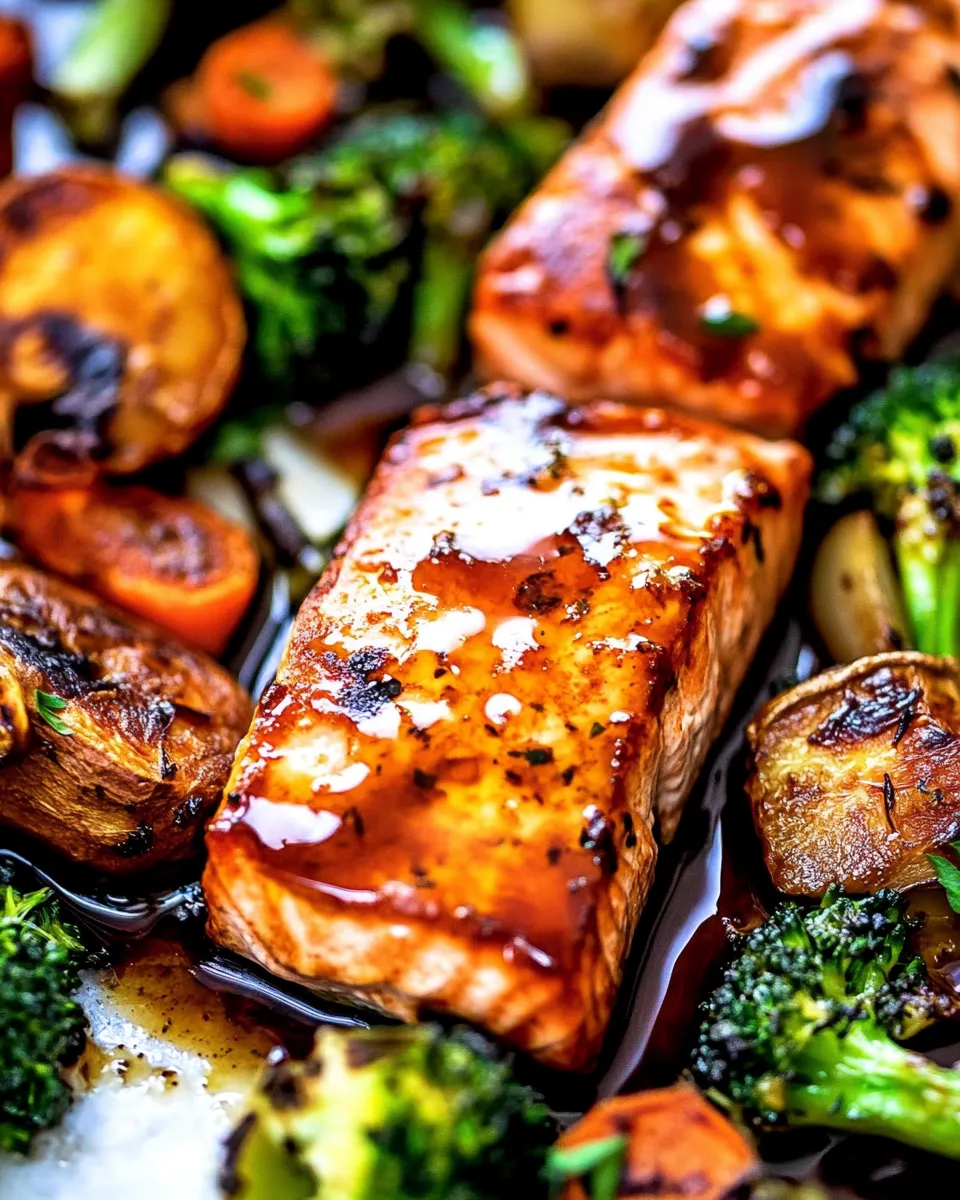Quick Sheet Pan Balsamic Salmon and Vegetables food shot
