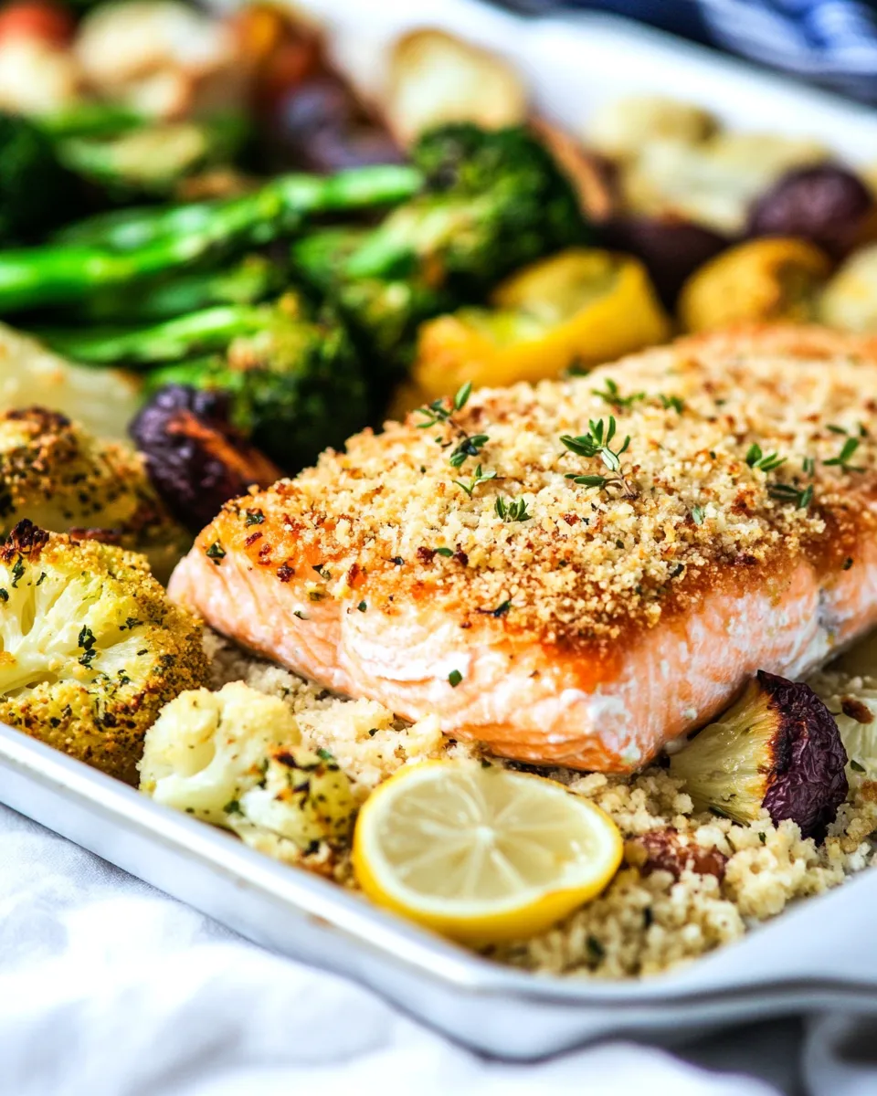 Healthy Sheet Pan Lemon Parmesan Crusted Salmon and Vegetables food shot