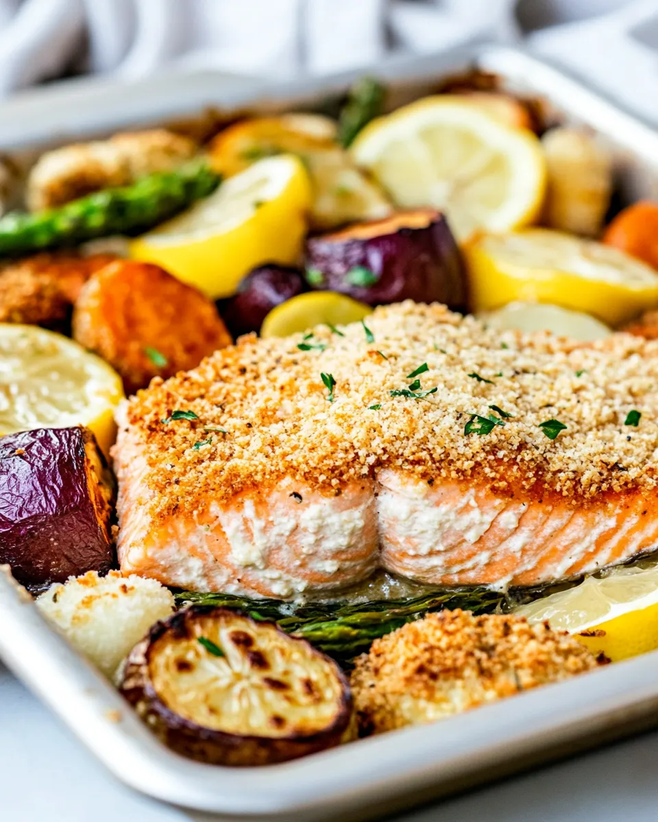 Easy Sheet Pan Lemon Parmesan Crusted Salmon and Vegetables dish photo
