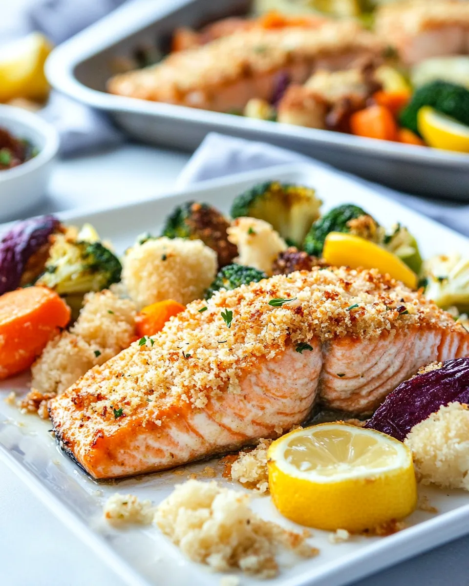 Classic Sheet Pan Lemon Parmesan Crusted Salmon and Vegetables plate image