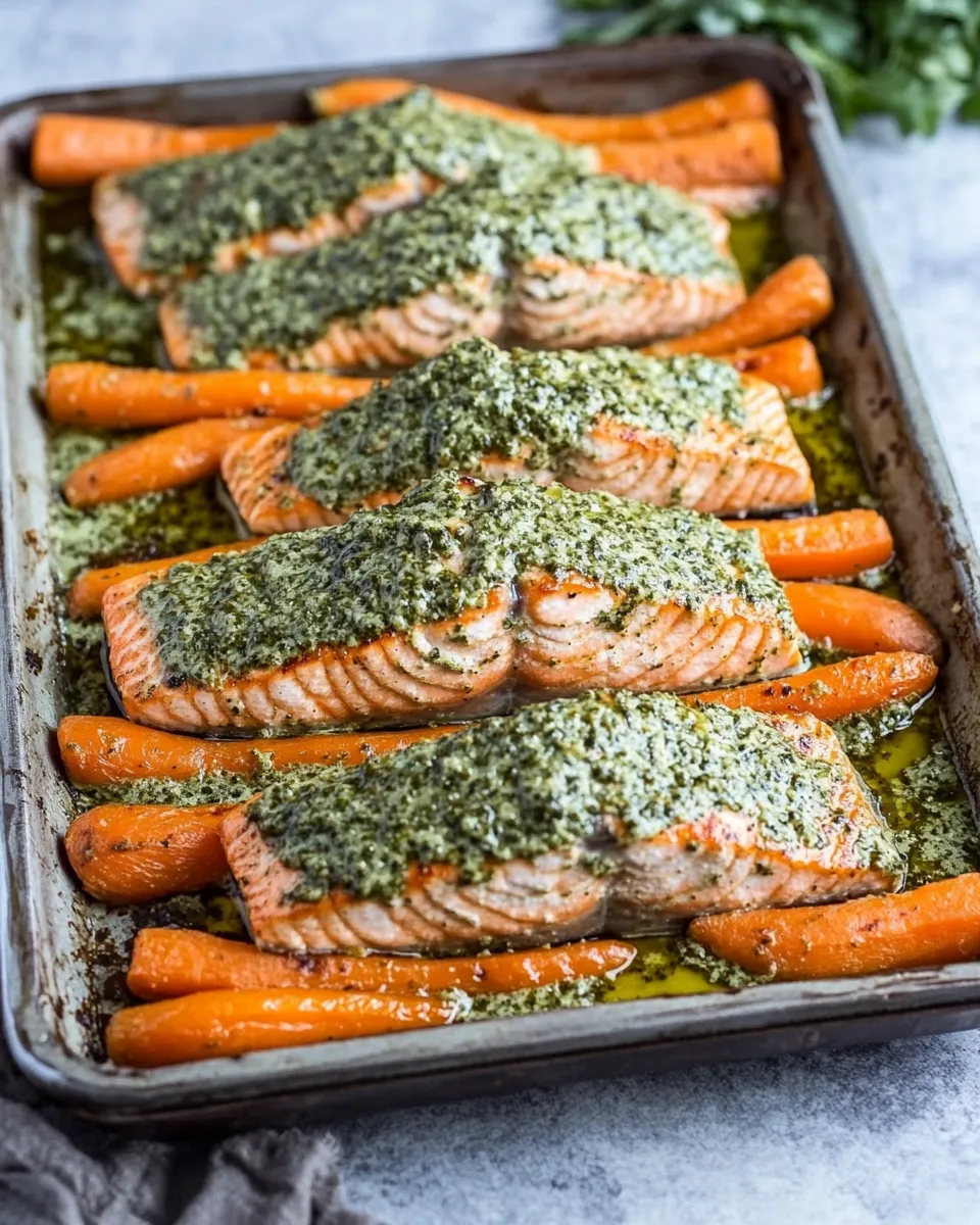 Delicious Sheet Pan Pesto Salmon and Carrots recipe image