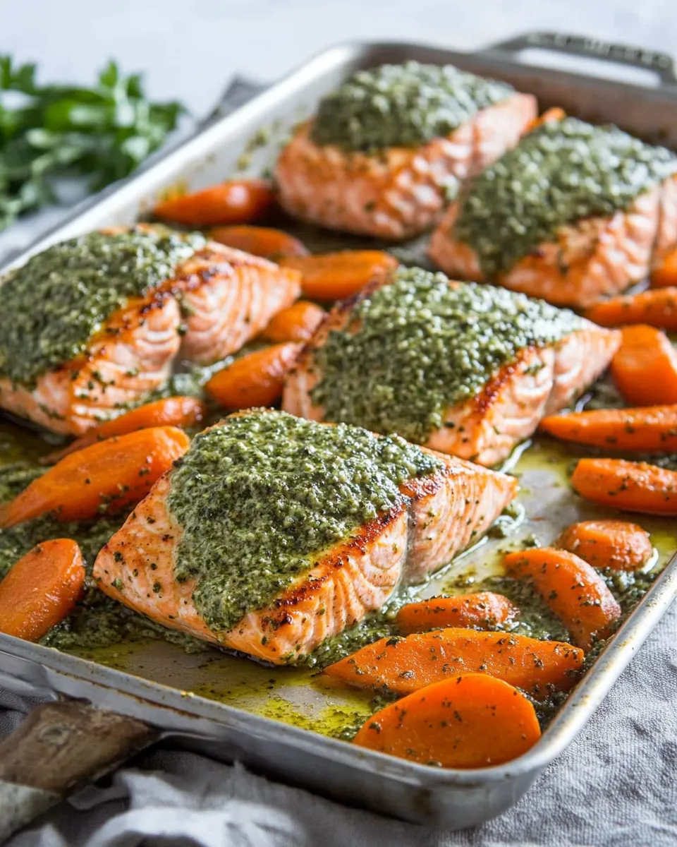 Healthy Sheet Pan Pesto Salmon and Carrots dish photo