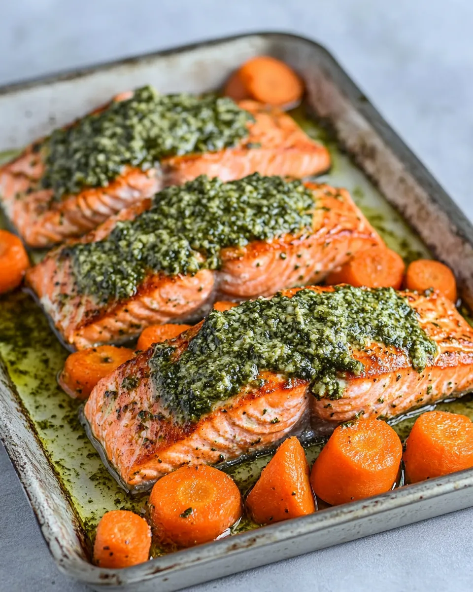 Quick Sheet Pan Pesto Salmon and Carrots food shot