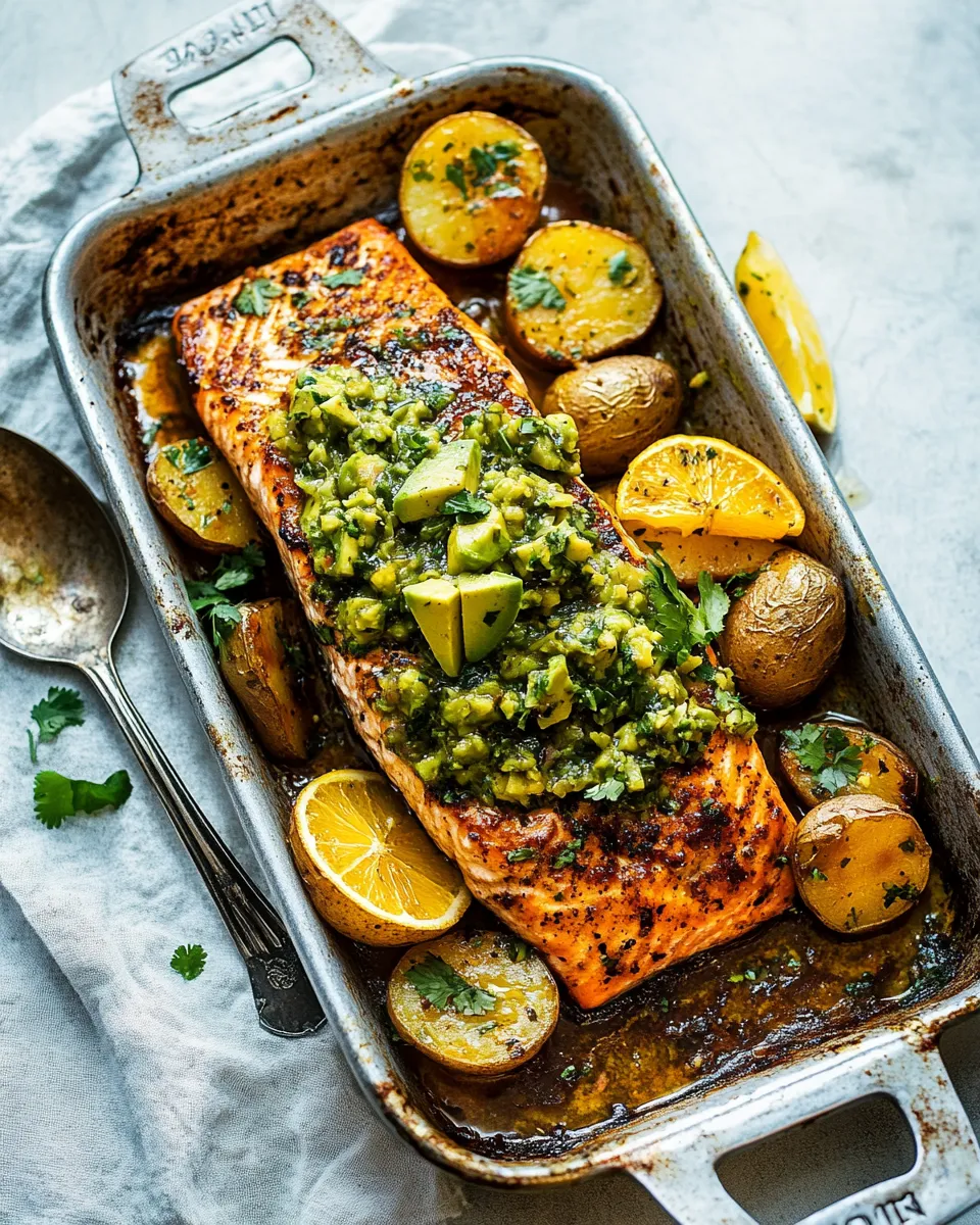 Homemade Sheet Pan Salmon with Citrus Avocado Salsa and Potatoes. recipe photo