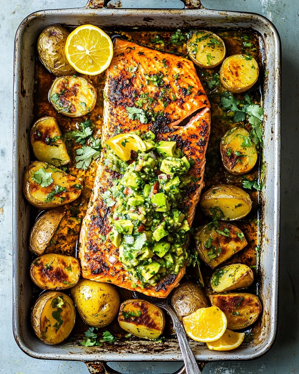 Classic Sheet Pan Salmon with Citrus Avocado Salsa and Potatoes. dish photo