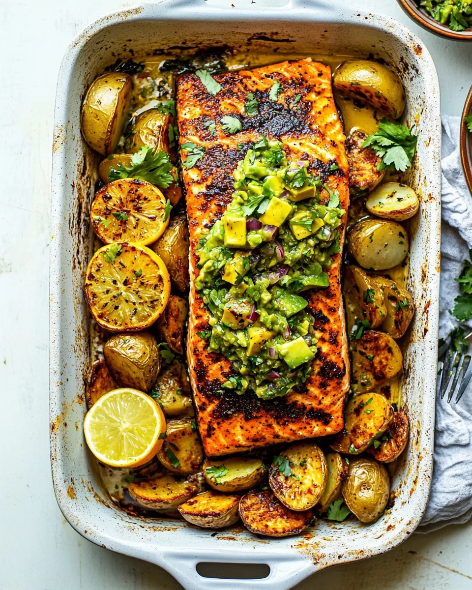 Easy Sheet Pan Salmon with Citrus Avocado Salsa and Potatoes. food shot