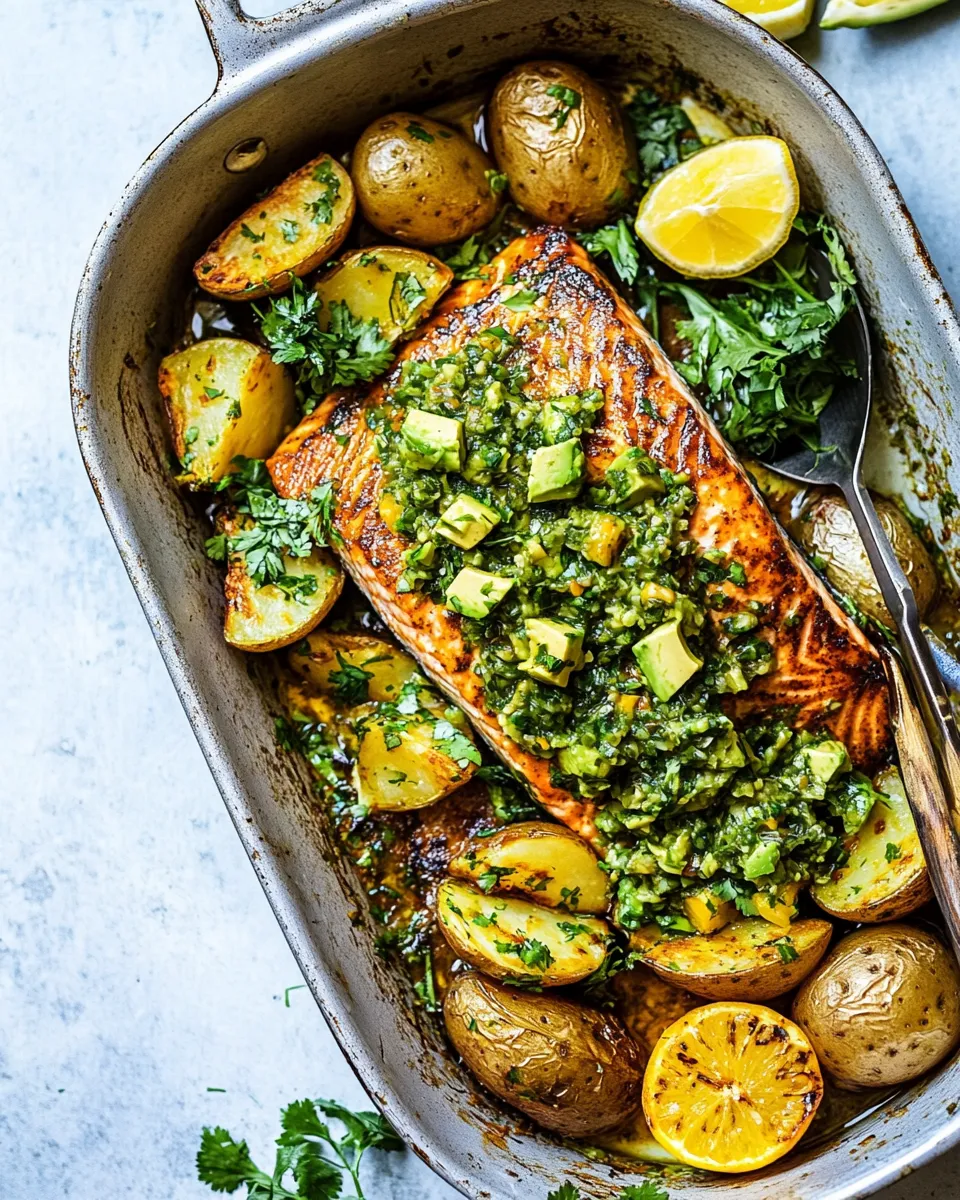 Delicious Sheet Pan Salmon with Citrus Avocado Salsa and Potatoes. plate image
