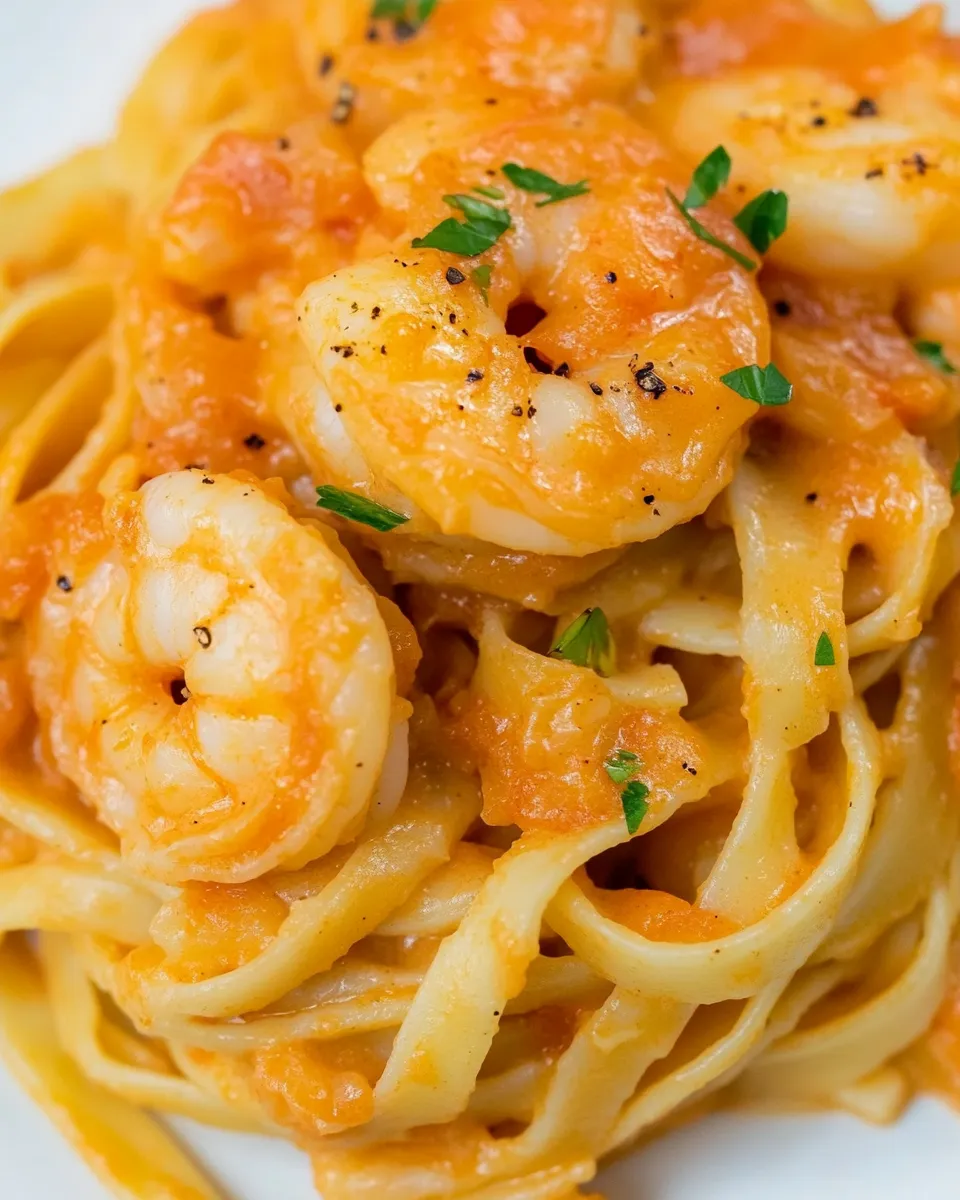 Tasty Shrimp Fettuccine with Roasted Pepper Sauce dish photo