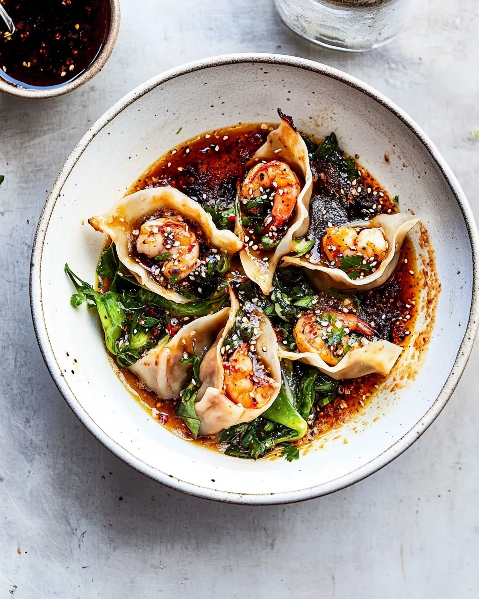 Delicious Shrimp Wonton Recipe in a Spicy Sichuan Sauce food shot