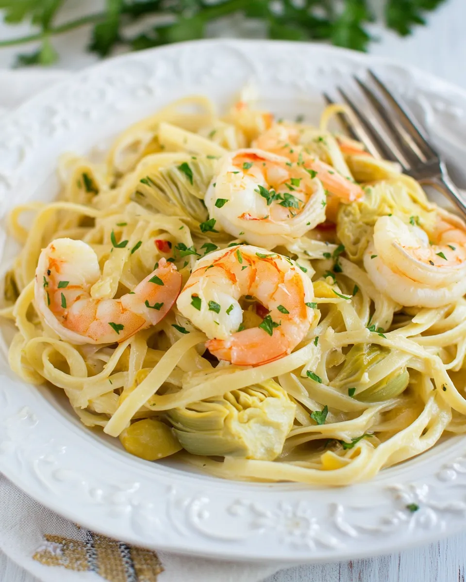 Easy Shrimp and Artichoke Linguine Recipe shot