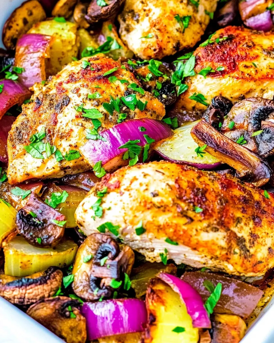 Delicious Skinny Sheet Pan Chicken with Mushrooms and Onions image