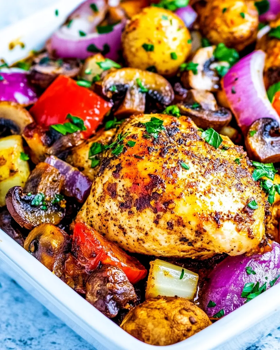 Savory Skinny Sheet Pan Chicken with Mushrooms and Onions shot