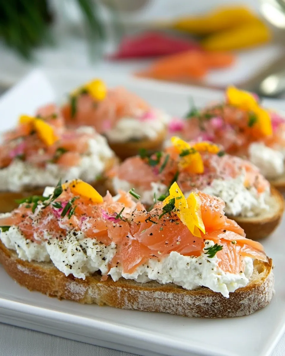 Homemade Smoked Salmon and Ricotta Crostini Recipe food shot