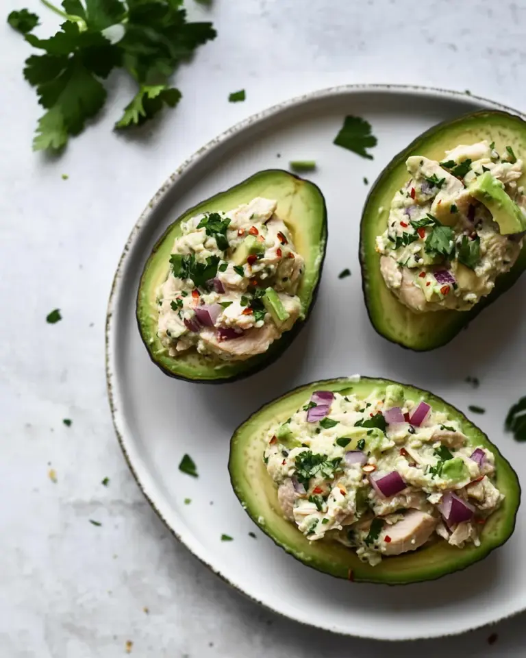 Homemade Smoky Chicken Salad Stuffed Avocados. recipe photo