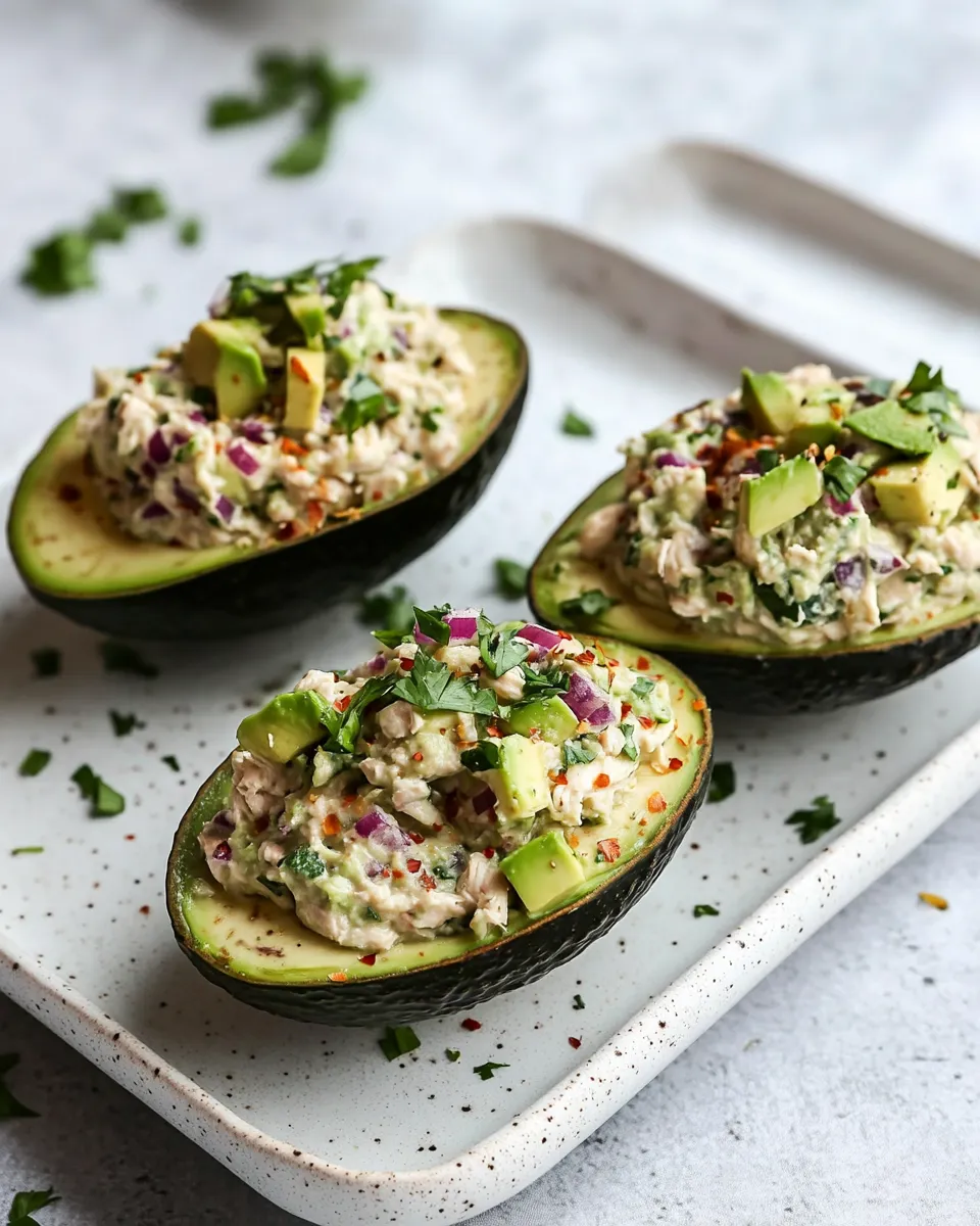 Easy Smoky Chicken Salad Stuffed Avocados. food shot