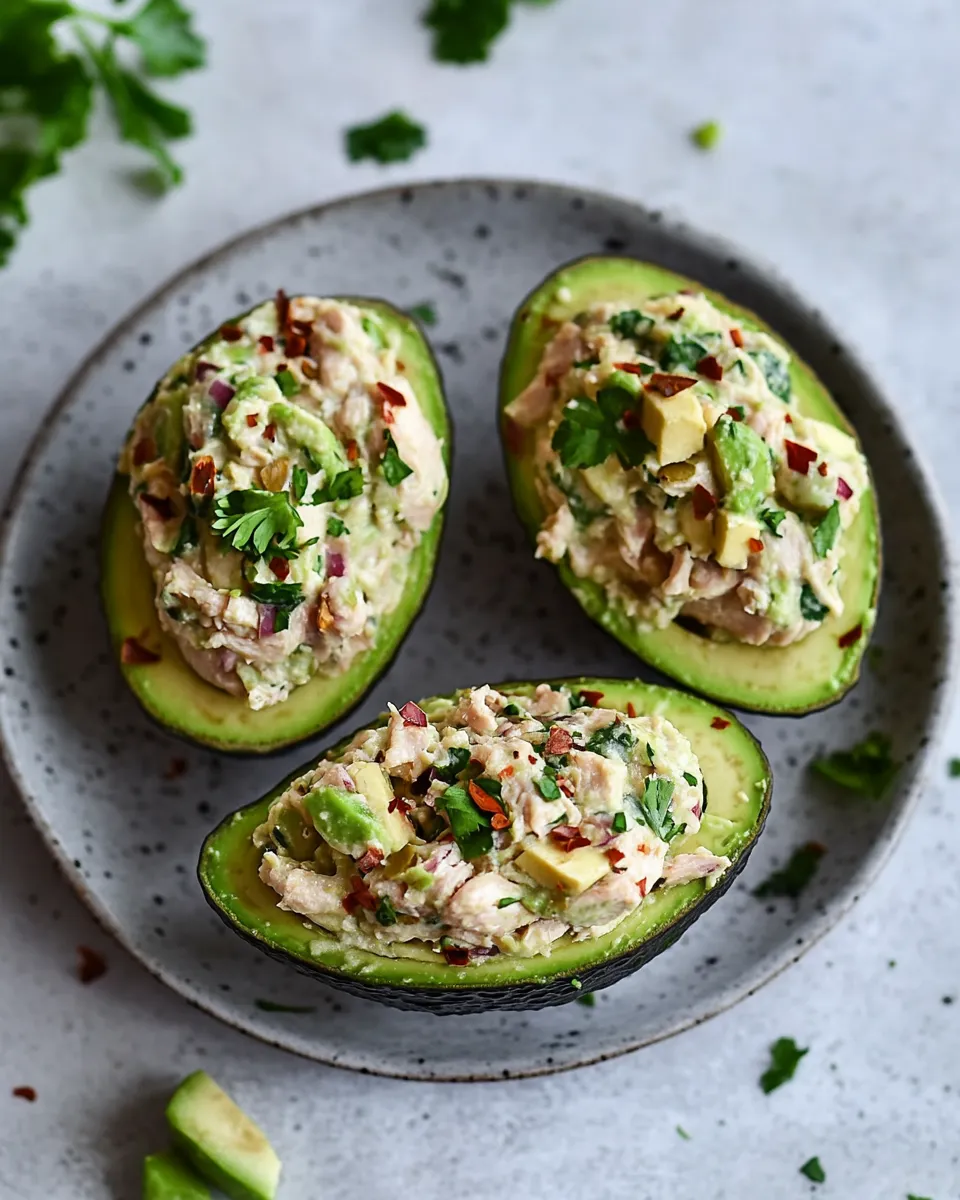 Delicious Smoky Chicken Salad Stuffed Avocados. plate image