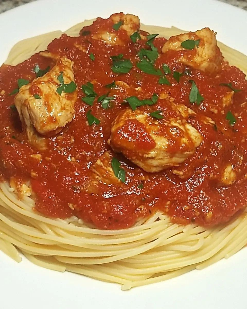 Delicious Spaghetti Rigati with Chicken and Tomato Sauce shot