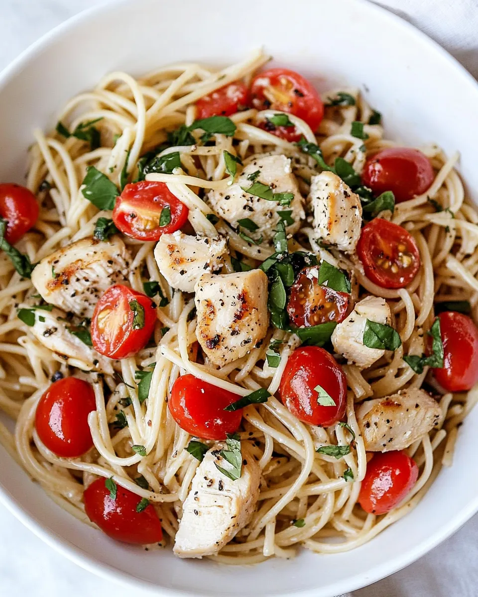 Healthy Spaghetti with Chicken and Grape Tomatoes dish photo