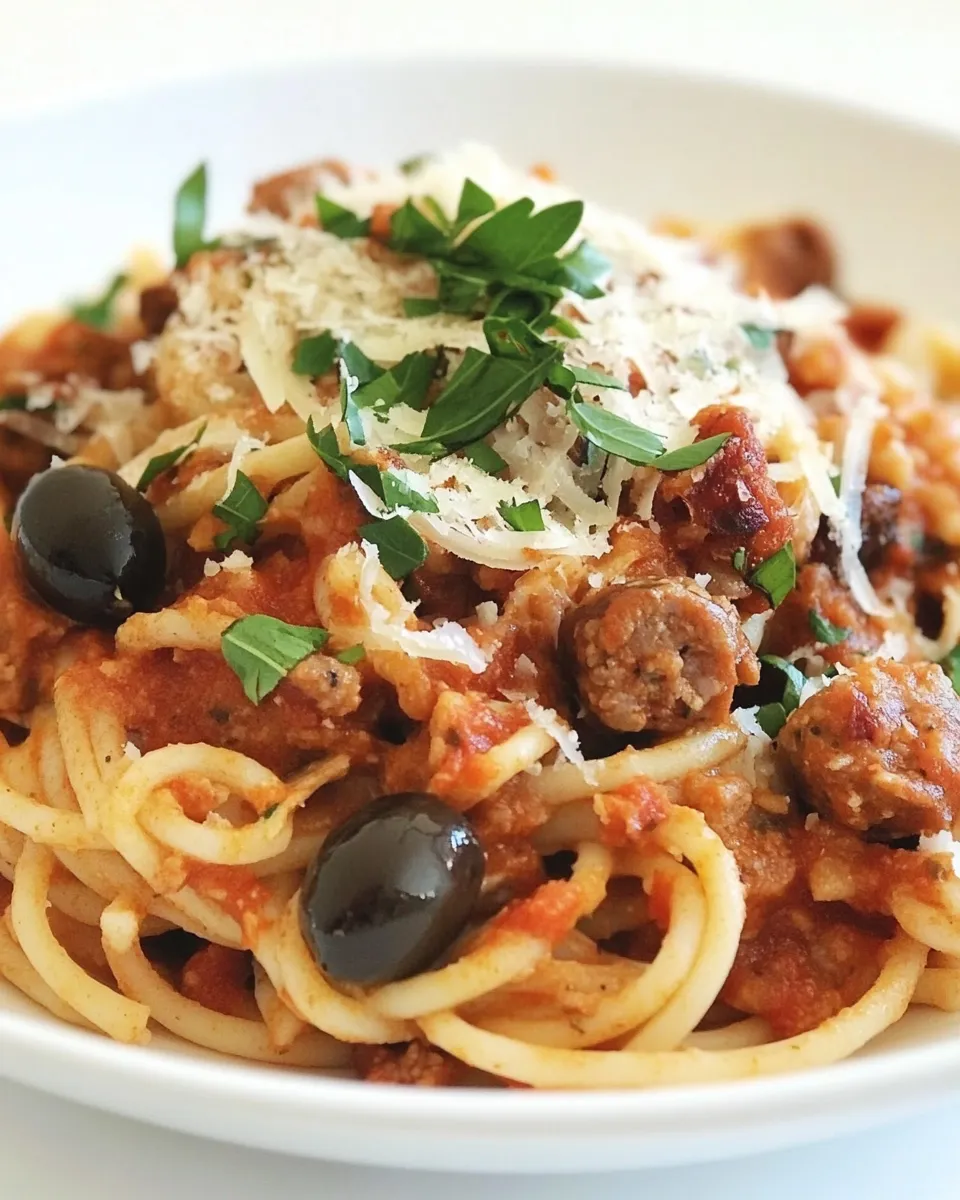 Homemade Spaghetti with Italian Sausage and Olives photo