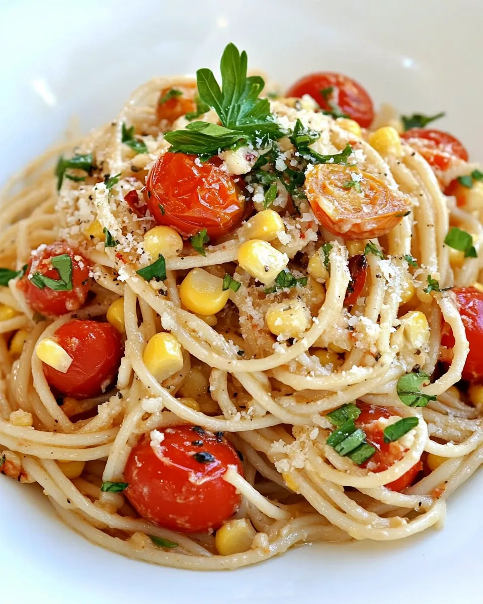 Quick Spaghetti with Roasted Sweet Corn and Cherry Tomatoes recipe photo