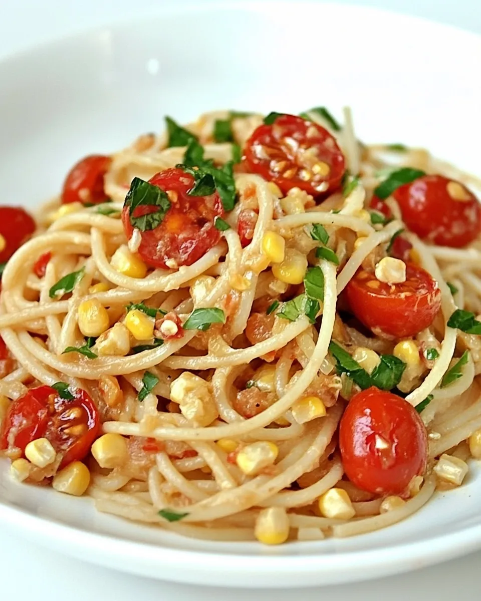 Healthy Spaghetti with Roasted Sweet Corn and Cherry Tomatoes dish photo