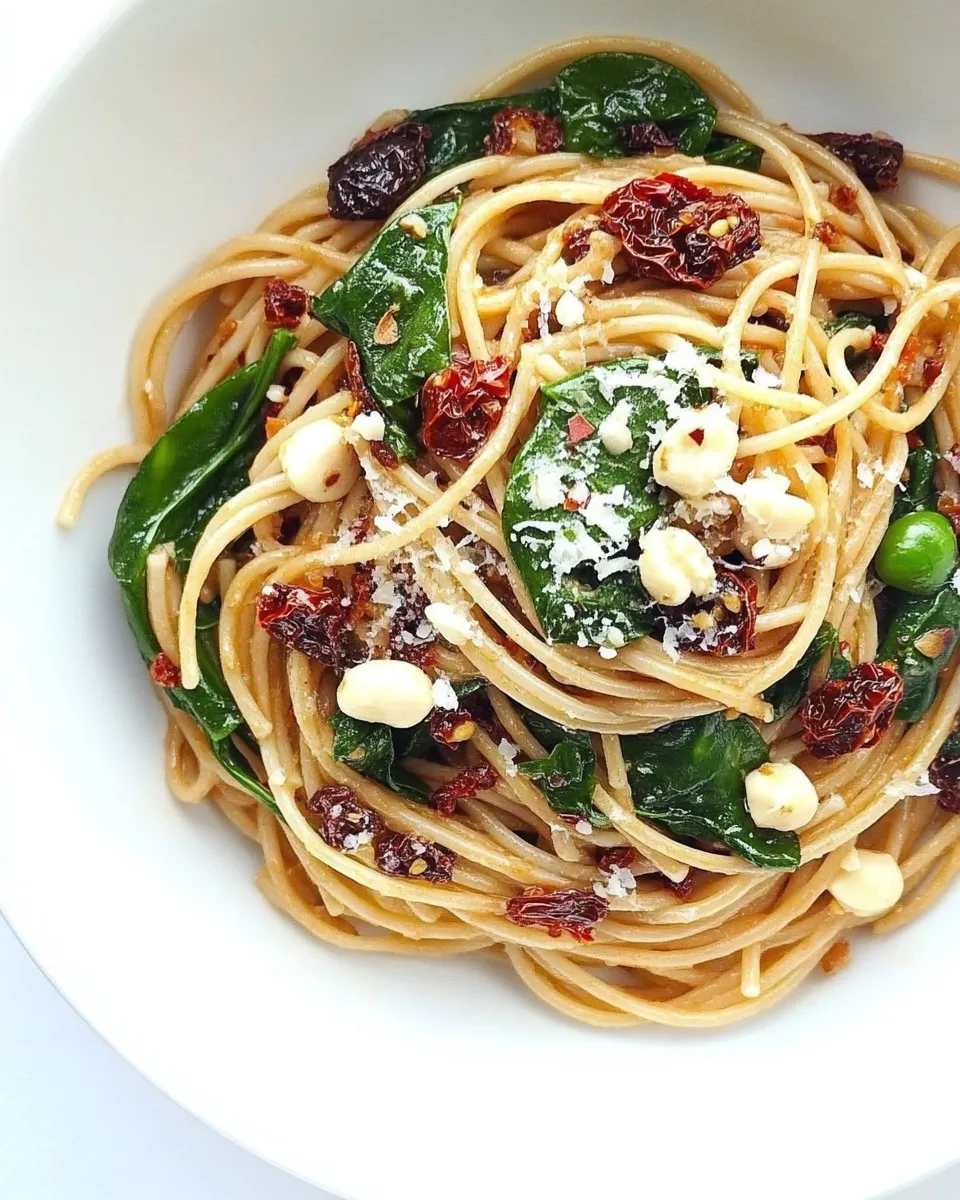 Homemade Spaghetti with Sun Dried Tomatoes & Spinach photo