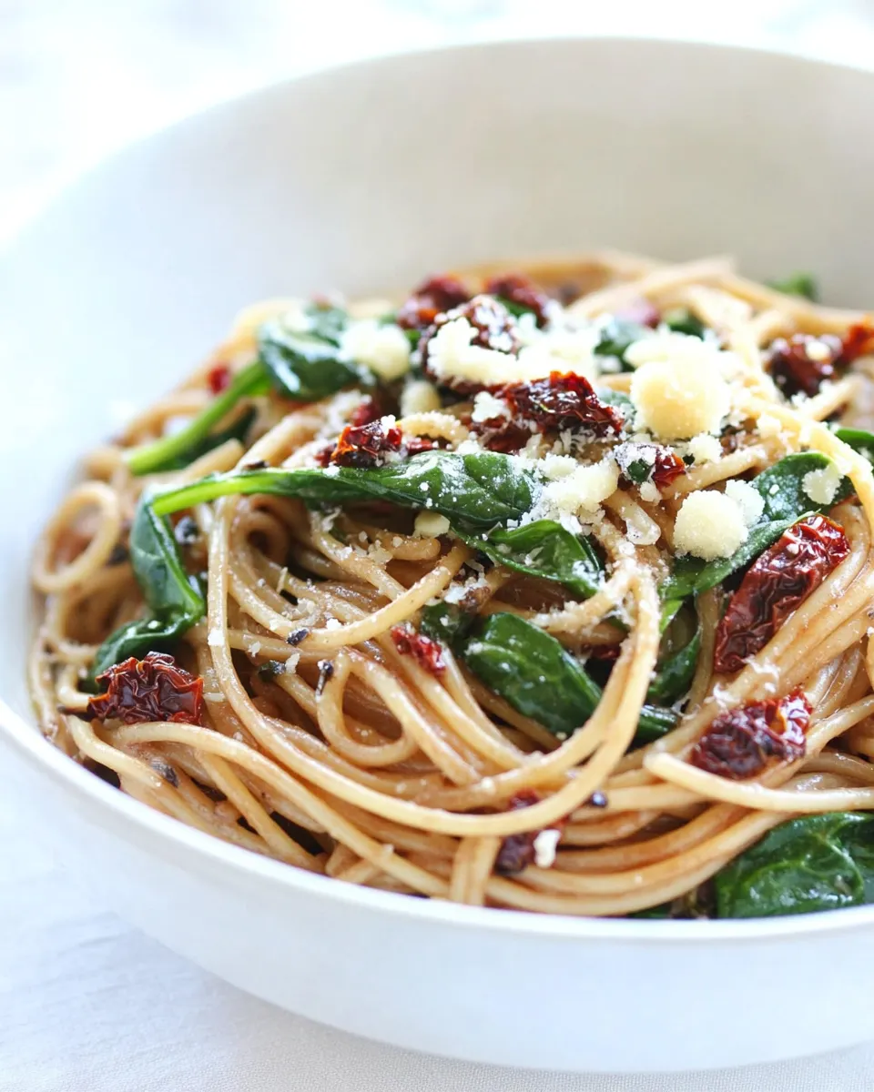 Easy Spaghetti with Sun Dried Tomatoes & Spinach recipe photo