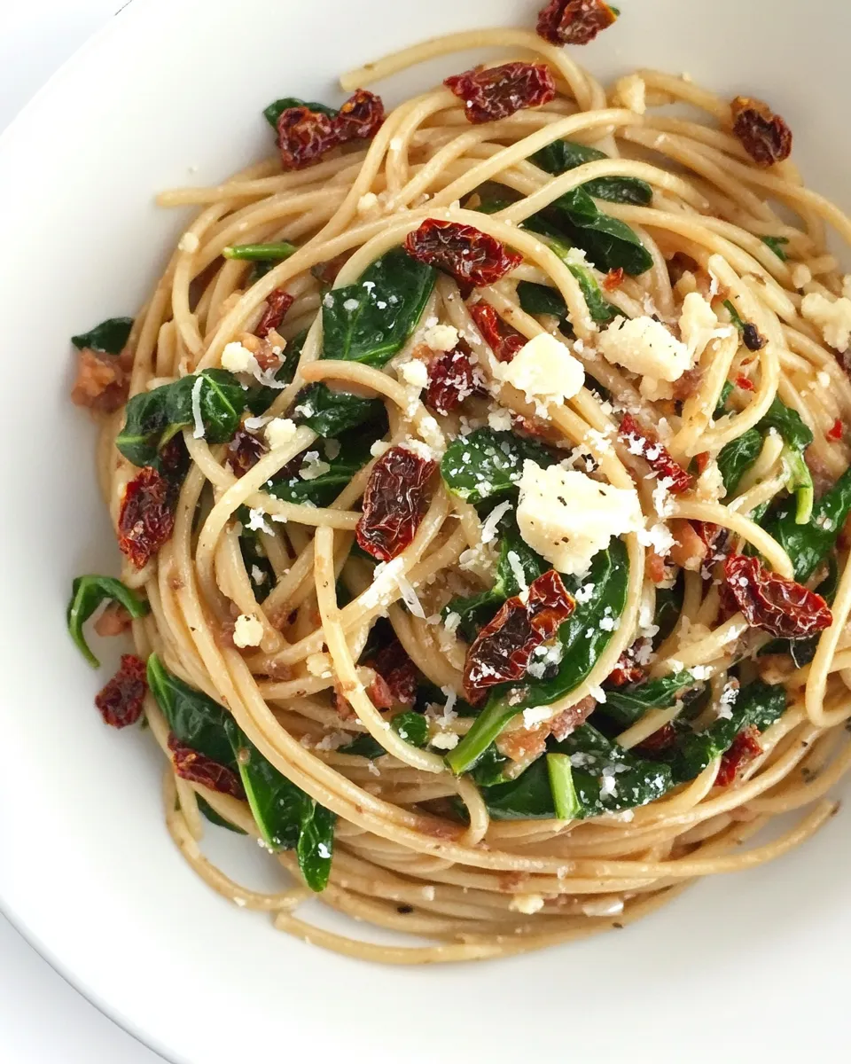 Savory Spaghetti with Sun Dried Tomatoes & Spinach dish photo