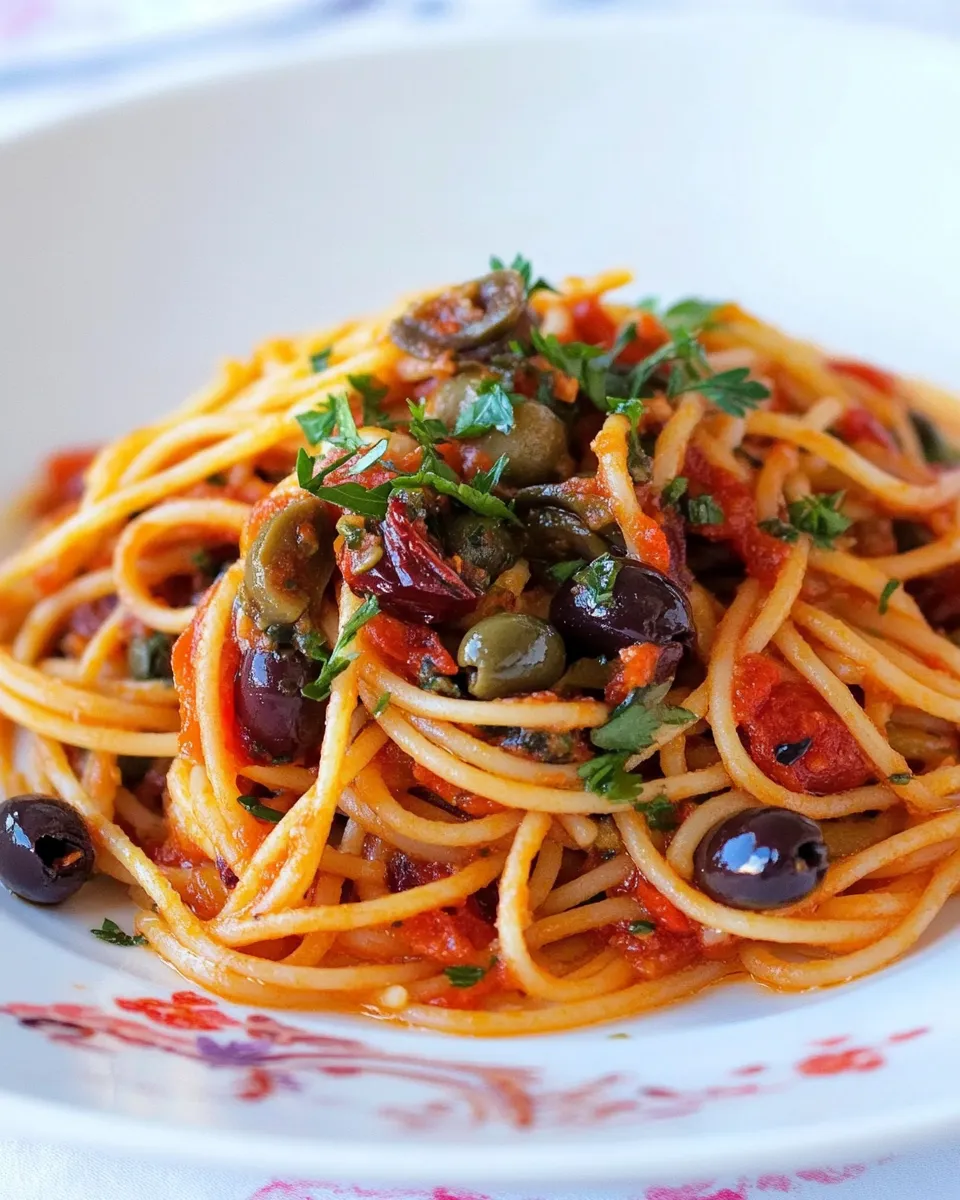 Delicious Spaghetti with Tomatoes, Olives & Capers shot