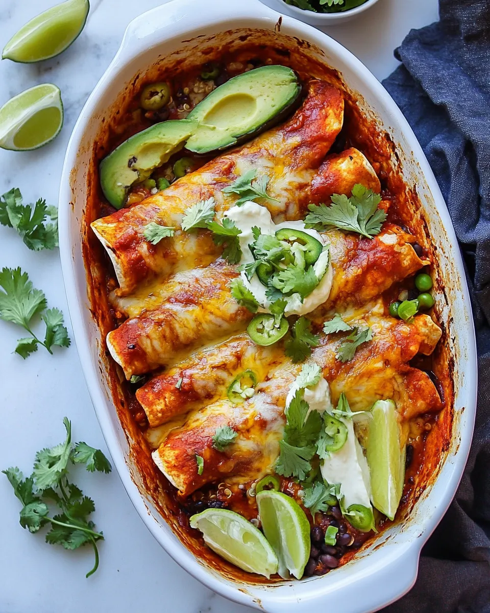 Easy Spicy Poblano, Black Bean, and Quinoa Enchiladas. food shot