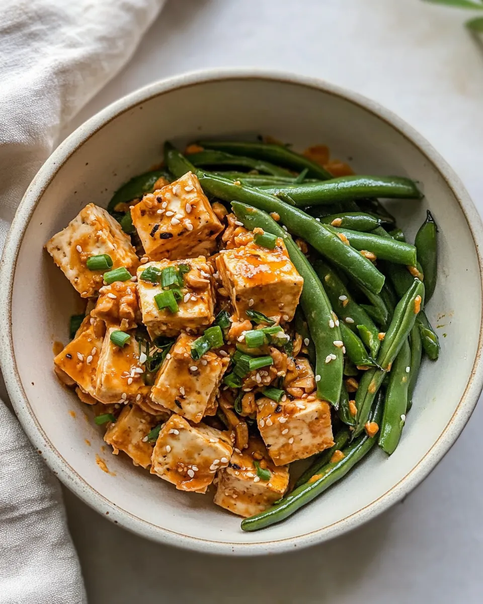 Delicious Spicy & Crispy Peanut Tofu with Green Beans food shot